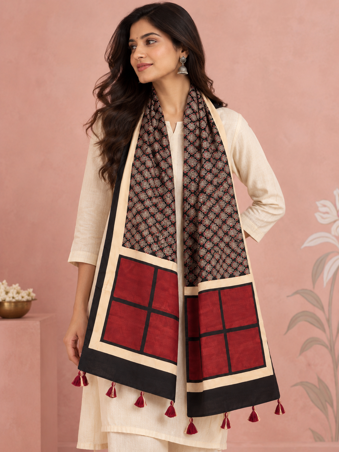 Women's Black & Maroon Ajrakh Inspired Printed Modal Silk Stole with Floral Motifs, Contrast Border & Tassels