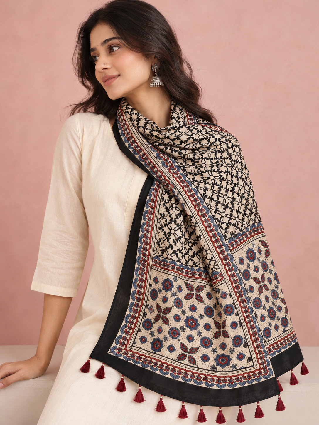 Women's Cream & Black Ajrakh Inspired Printed Modal Silk Stole with Floral Motifs, Ethnic Border & Tassels