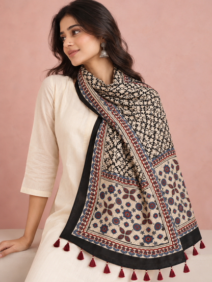 Women's Cream & Black Ajrakh Inspired Printed Modal Silk Stole with Floral Motifs, Ethnic Border & Tassels