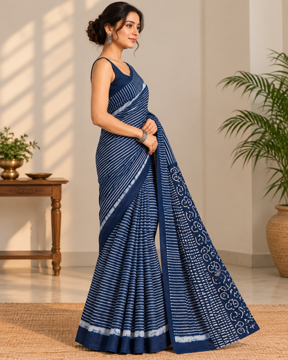 Natural Fab Mal Mal Cotton Hand Block Printed Saree with Blouse | 6.30 m