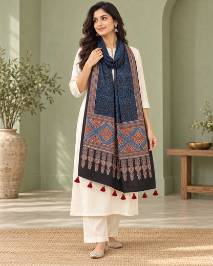 Women's Navy Blue Ajrakh Inspired Printed Modal Silk Stole with Ethnic Border & Tassels