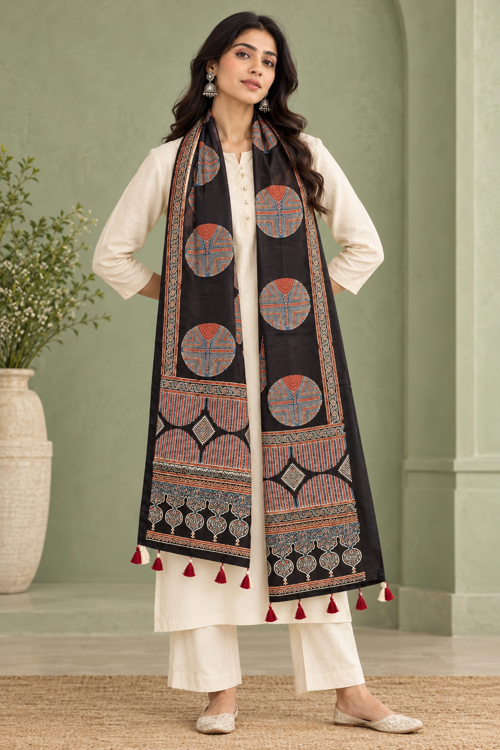 Women's Black Ajrakh Printed Modal Silk Stole with Traditional Motifs, Decorative Border & Tassels