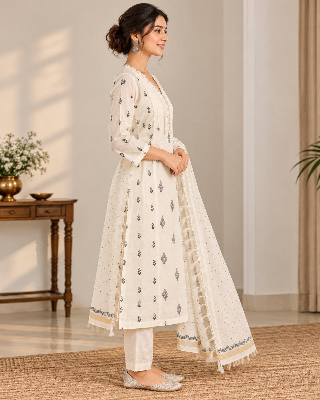 Women’s Mal Chanderi Off-White Printed Kurti Pant Set with Dupatta | Elegant 3-Piece Ethnic Set