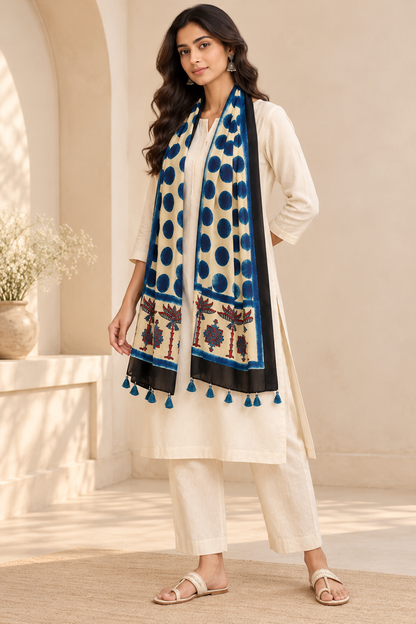 Women's Beige & Indigo Blue Ajrakh Inspired Printed Modal Silk Stole with Polka Dots, Floral Border & Tassels