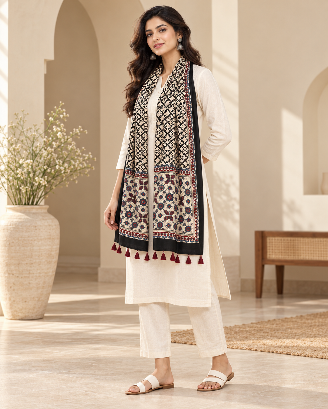 Women's Cream & Black Ajrakh Inspired Printed Modal Silk Stole with Floral Motifs, Ethnic Border & Tassels