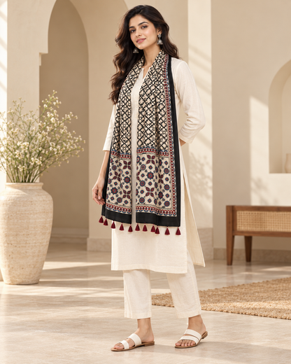 Women's Cream & Black Ajrakh Inspired Printed Modal Silk Stole with Floral Motifs, Ethnic Border & Tassels