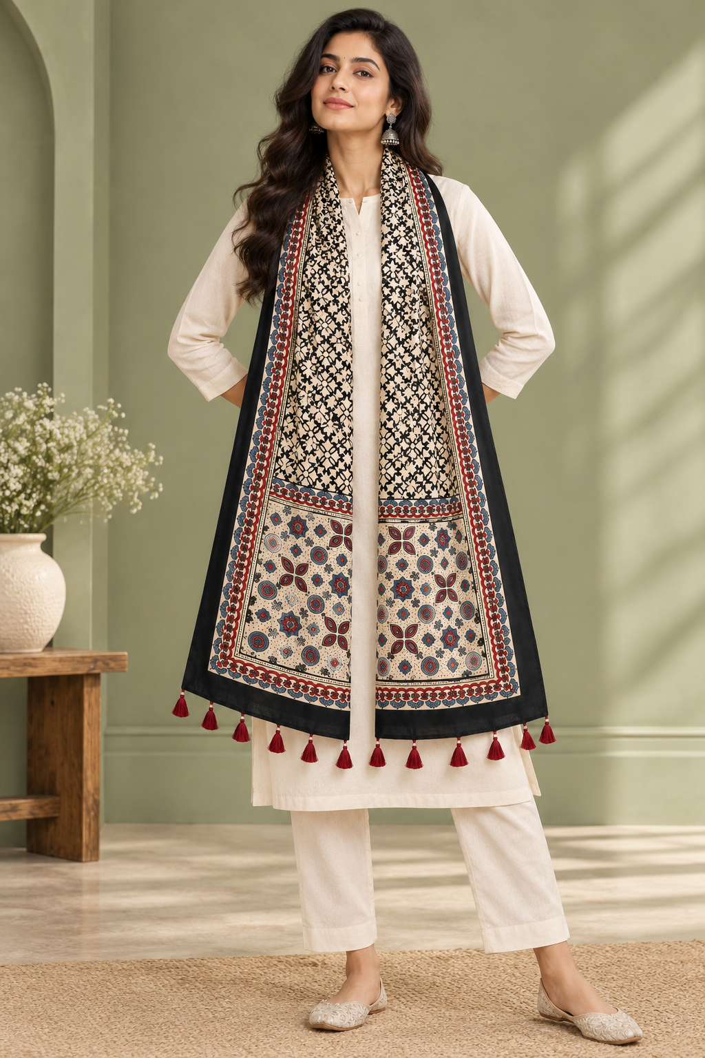 Women's Cream & Black Ajrakh Inspired Printed Modal Silk Stole with Floral Motifs, Ethnic Border & Tassels