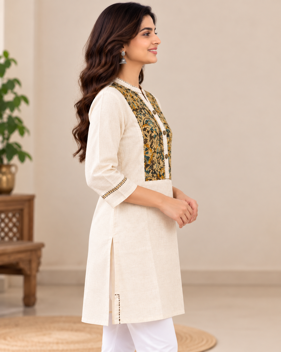 Women's Ivory Handloom Cotton Kalamkari Hand Block Printed Short Kurti | 3/4 Sleeve Ethnic Top