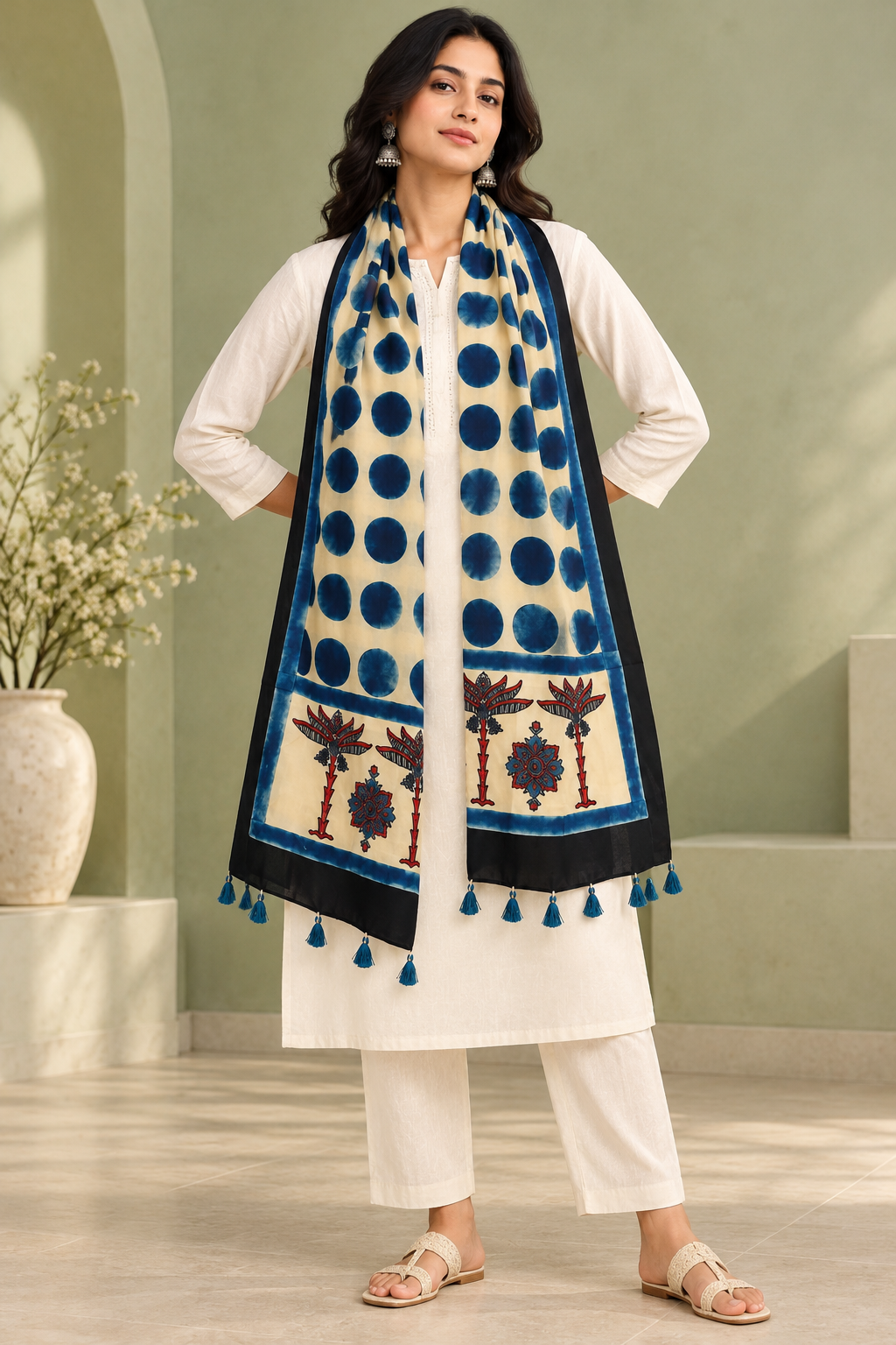 Women's Beige & Indigo Blue Ajrakh Inspired Printed Modal Silk Stole with Polka Dots, Floral Border & Tassels
