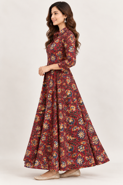Natural Fab Women's Maroon Floral Printed Cotton Flared Maxi Dress with Collar & Side Pockets