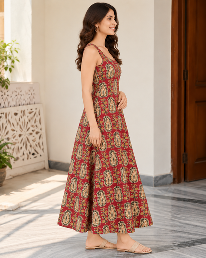 Women’s Handblock Kalamkari Print 100% Pure Cotton Maxi Dress with Pockets | Sleeveless Flared Dress