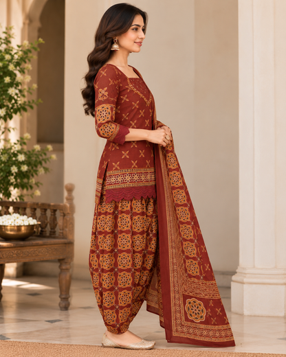 Women's Maroon Ethnic Printed Short Kurti with Farshi Salwar & Dupatta 3-Piece Set