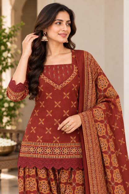 Women's Maroon Ethnic Printed Short Kurti with Farshi Salwar & Dupatta 3-Piece Set