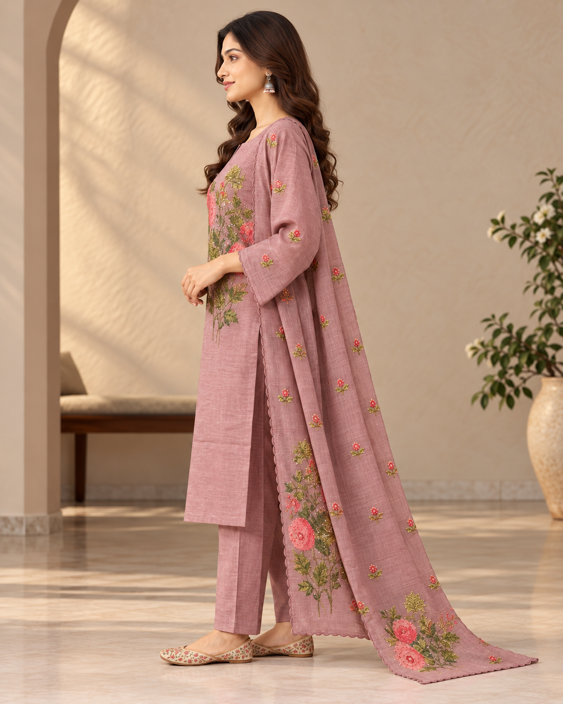 Women's Dusty Rose Chanderi Kurti Pant Set with Kantha Hand Embroidery & Dupatta