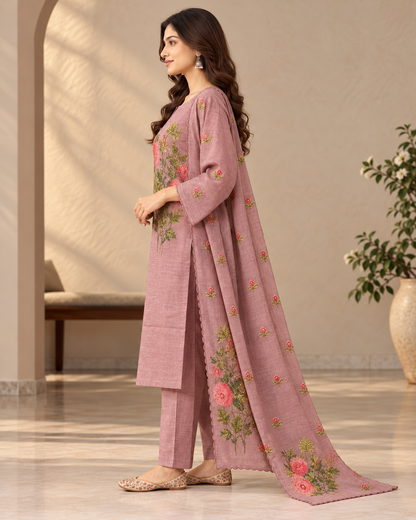 Women's Dusty Rose Chanderi Kurti Pant Set with Kantha Hand Embroidery & Dupatta