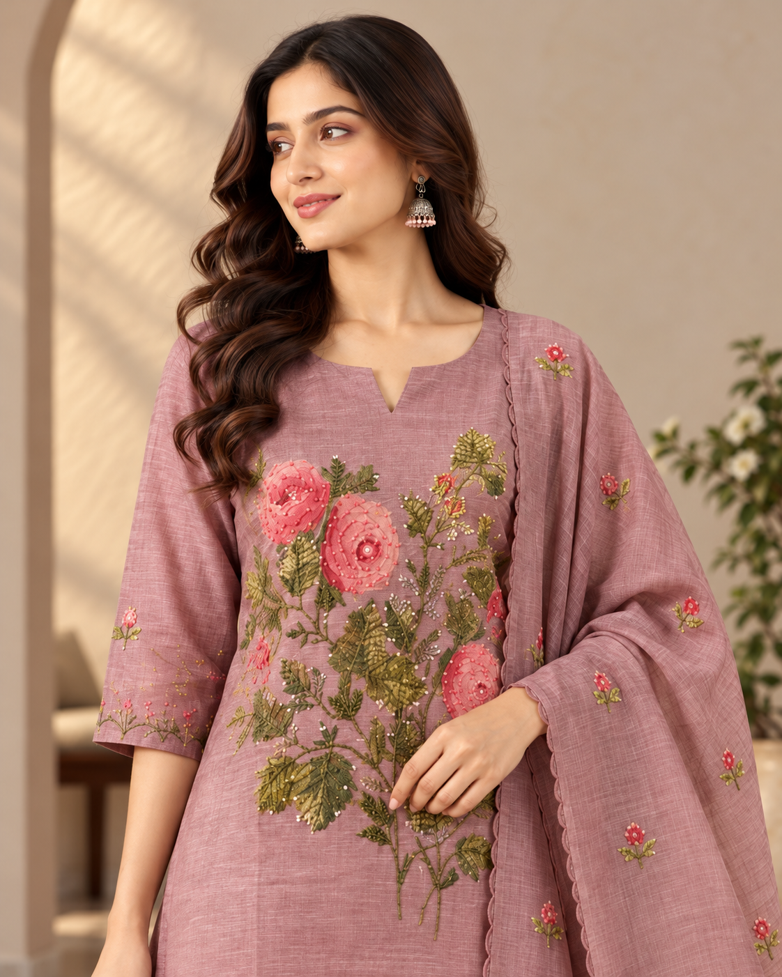 Women's Dusty Rose Chanderi Kurti Pant Set with Kantha Hand Embroidery & Dupatta