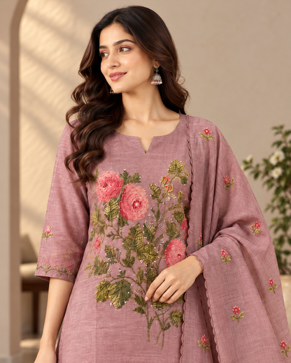Women's Dusty Rose Chanderi Kurti Pant Set with Kantha Hand Embroidery & Dupatta