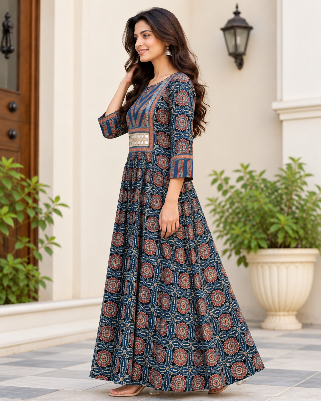 Natural Fab Women's Navy Blue Ajrakh Inspired Printed Flared Maxi Dress with Mirror Work Detail
