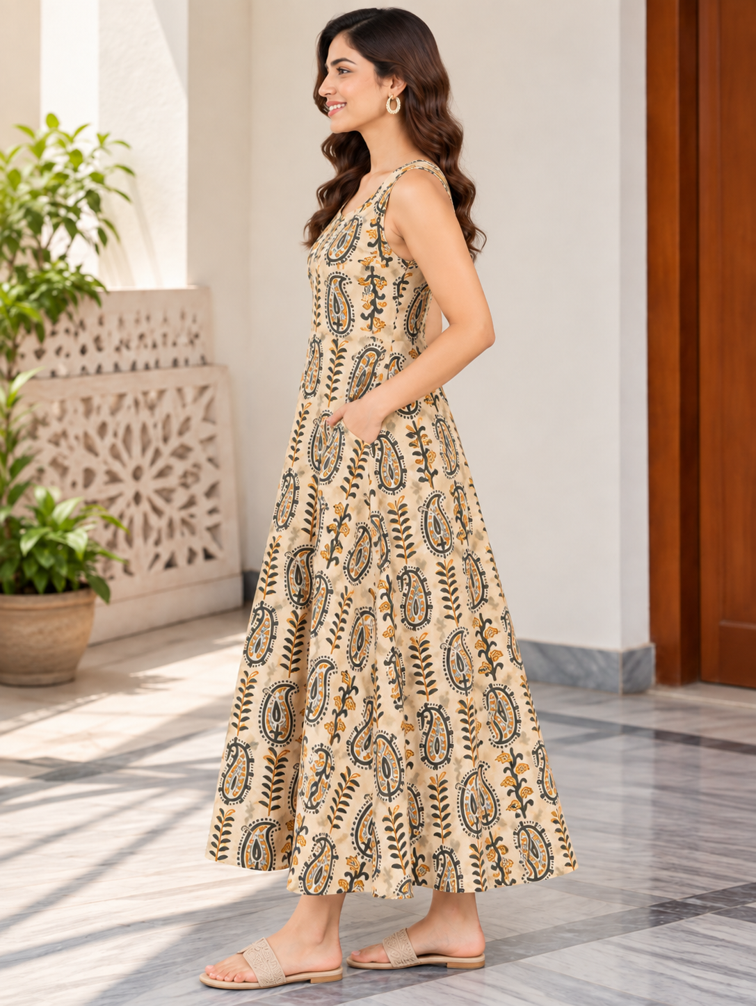 Women’s Handblock Kalamkari Print 100% Pure Cotton Maxi Dress with Pockets | Sleeveless Flared Dress