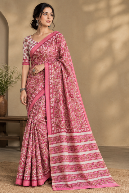 Women's Pink Floral Printed Cotton Silk Saree with Zari Border & Unstitched Blouse Piece – 6.30 Mtr