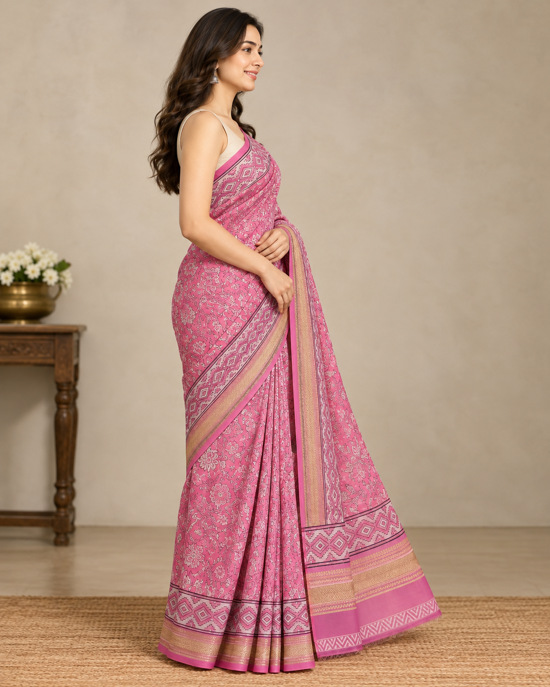 Natural Fab Maheshwari Silk Hand Block Printed Saree with Blouse | 6.30 Metres
