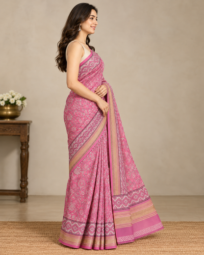 Natural Fab Maheshwari Silk Hand Block Printed Saree with Blouse | 6.30 Metres