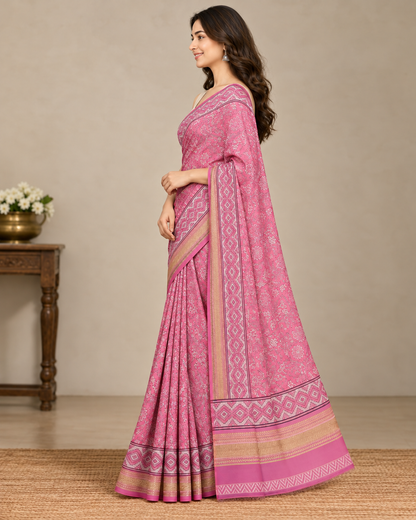 Natural Fab Maheshwari Silk Hand Block Printed Saree with Blouse | 6.30 Metres