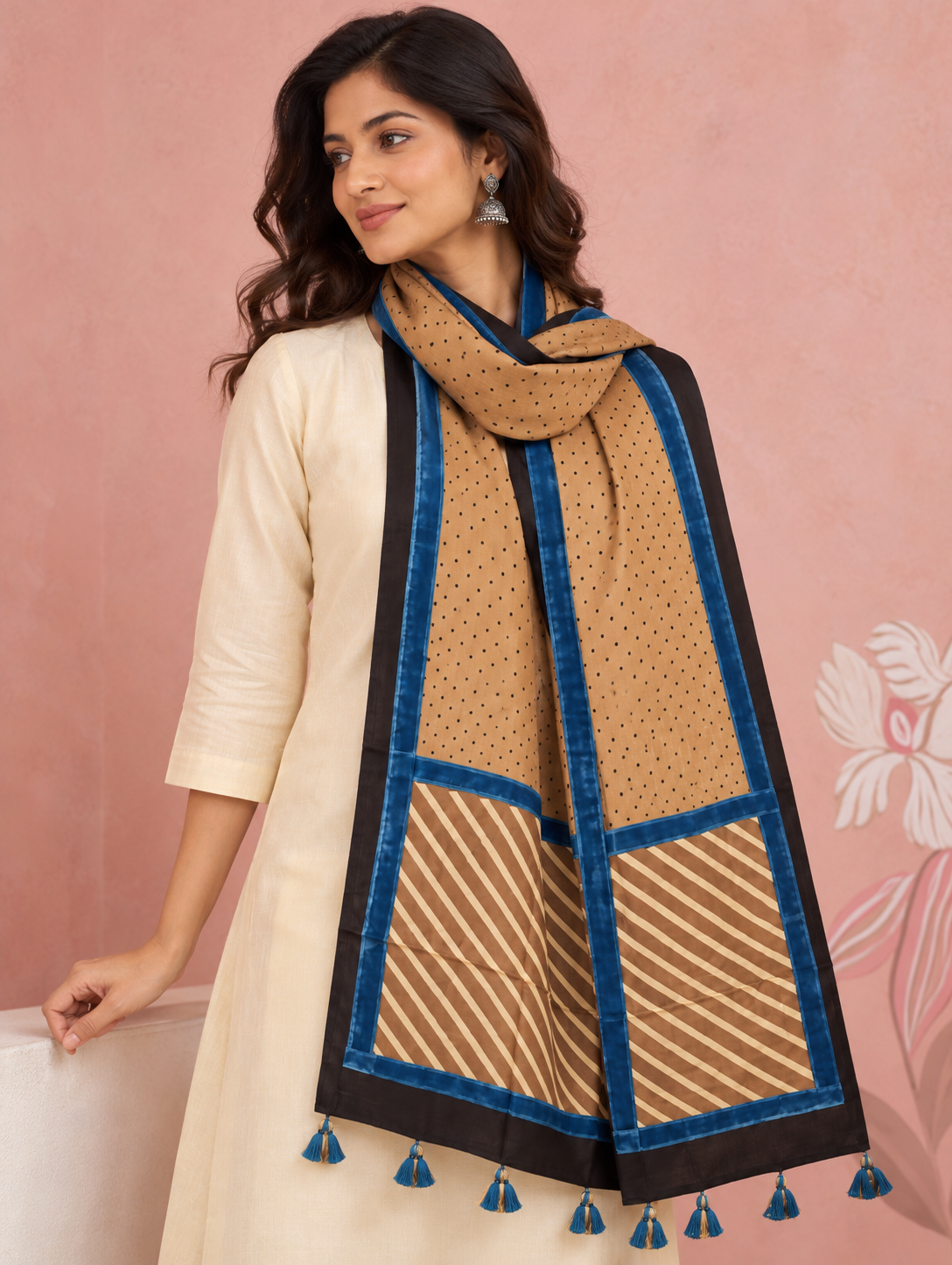 Women's Beige & Blue Printed Modal Silk Stole with Polka Dots, Striped Border & Tassels
