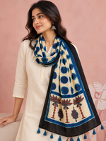 Women's Beige & Indigo Blue Ajrakh Inspired Printed Modal Silk Stole with Polka Dots, Floral Border & Tassels