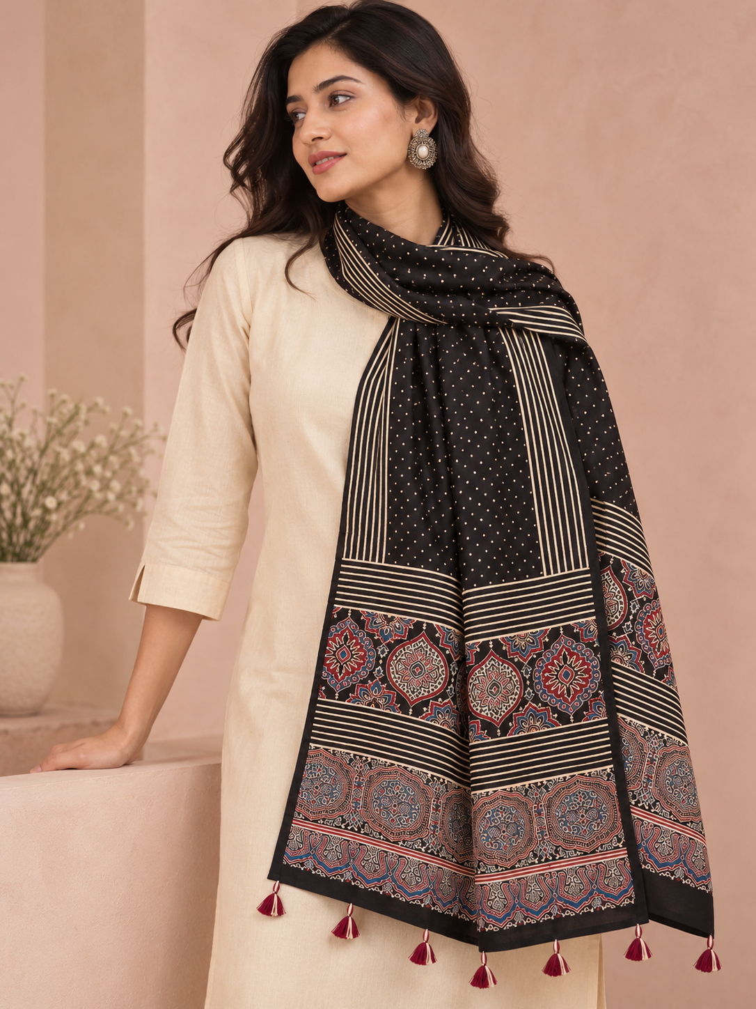 Women's Black Ajrakh Inspired Printed Modal Silk Stole with Polka Dots, Striped Border & Tassels