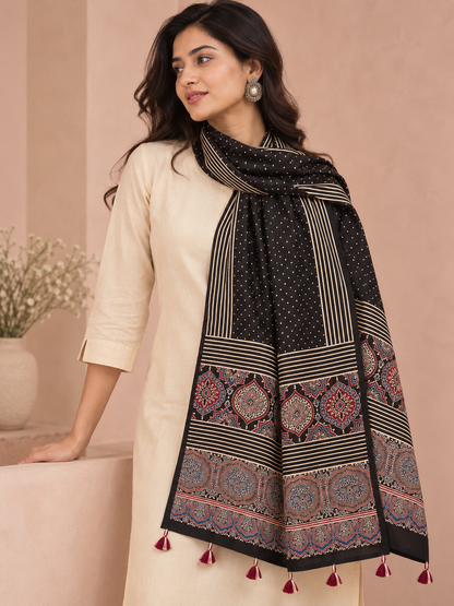Women's Black Ajrakh Inspired Printed Modal Silk Stole with Polka Dots, Striped Border & Tassels