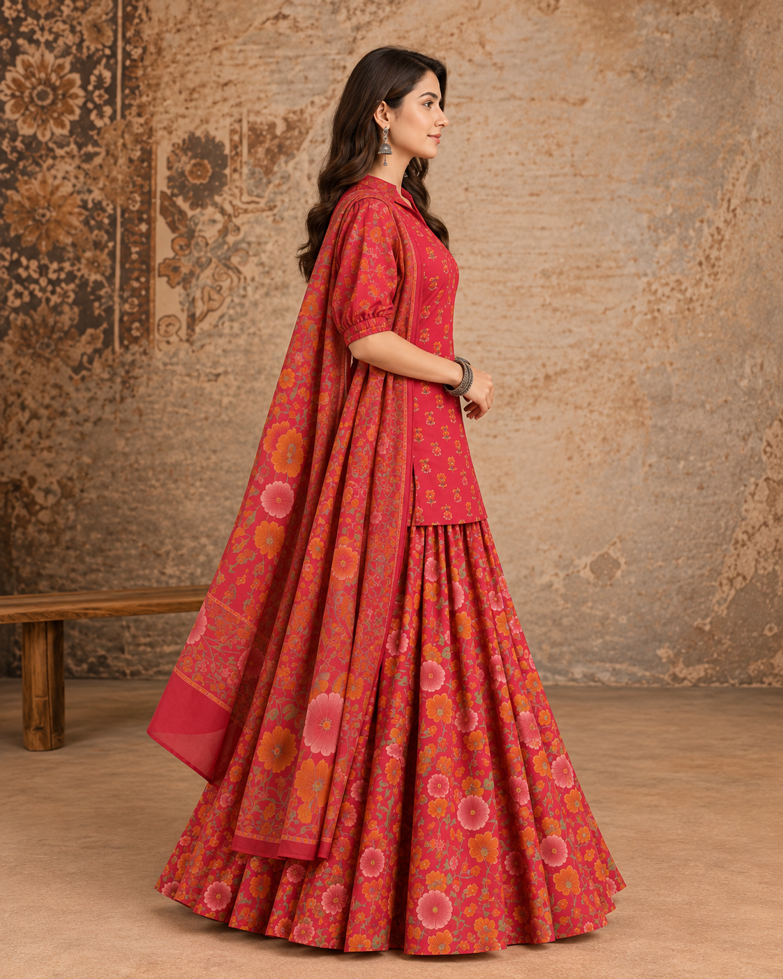 Women’s Cotton Floral Printed Lehenga Set with Kurti & Dupatta | Festive Ethnic Wear