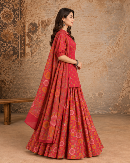 Women’s Cotton Floral Printed Lehenga Set with Kurti & Dupatta | Festive Ethnic Wear