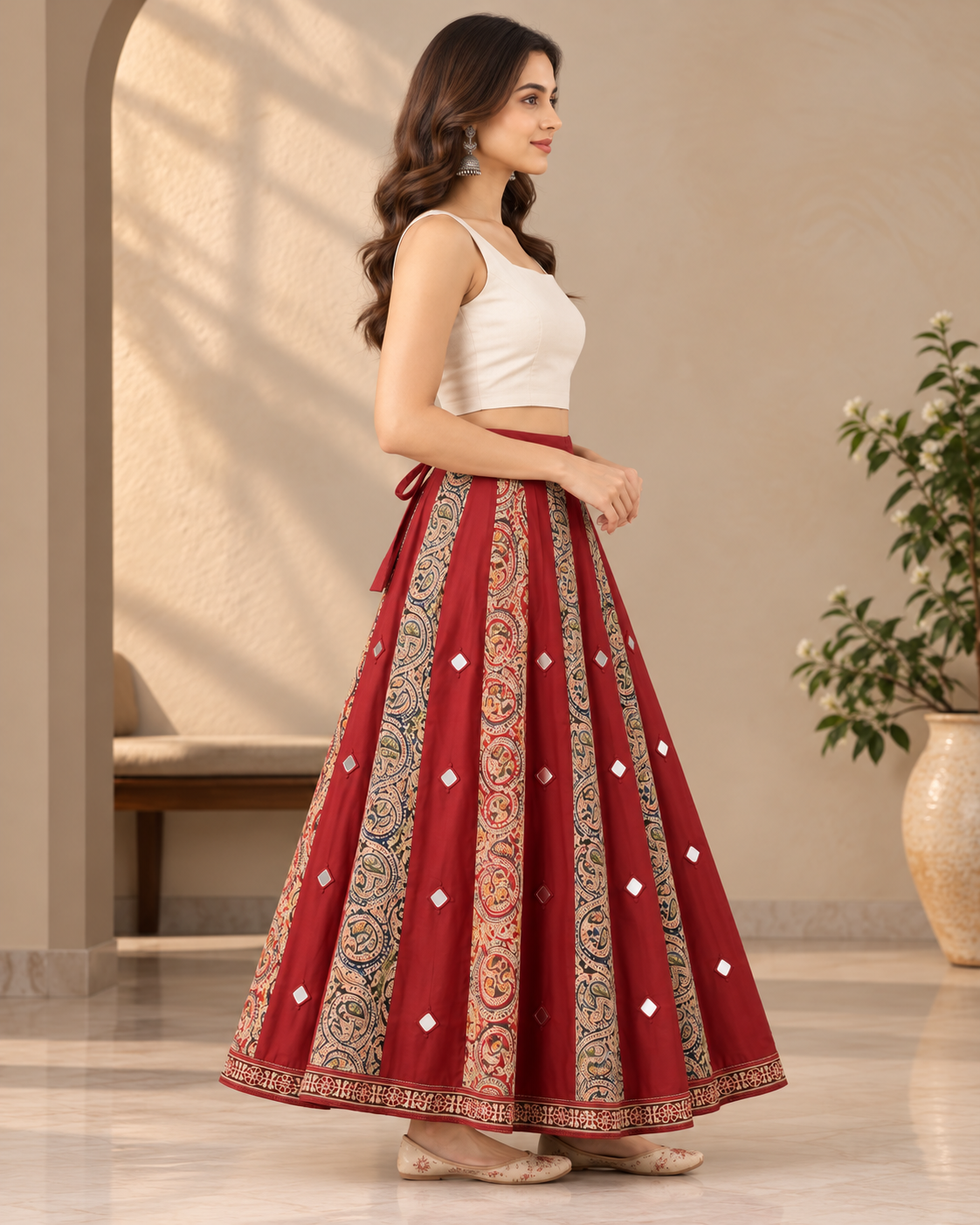 Women's Maroon Kalamkari Printed Long Flared Skirt with Mirror Work & Ethnic Border
