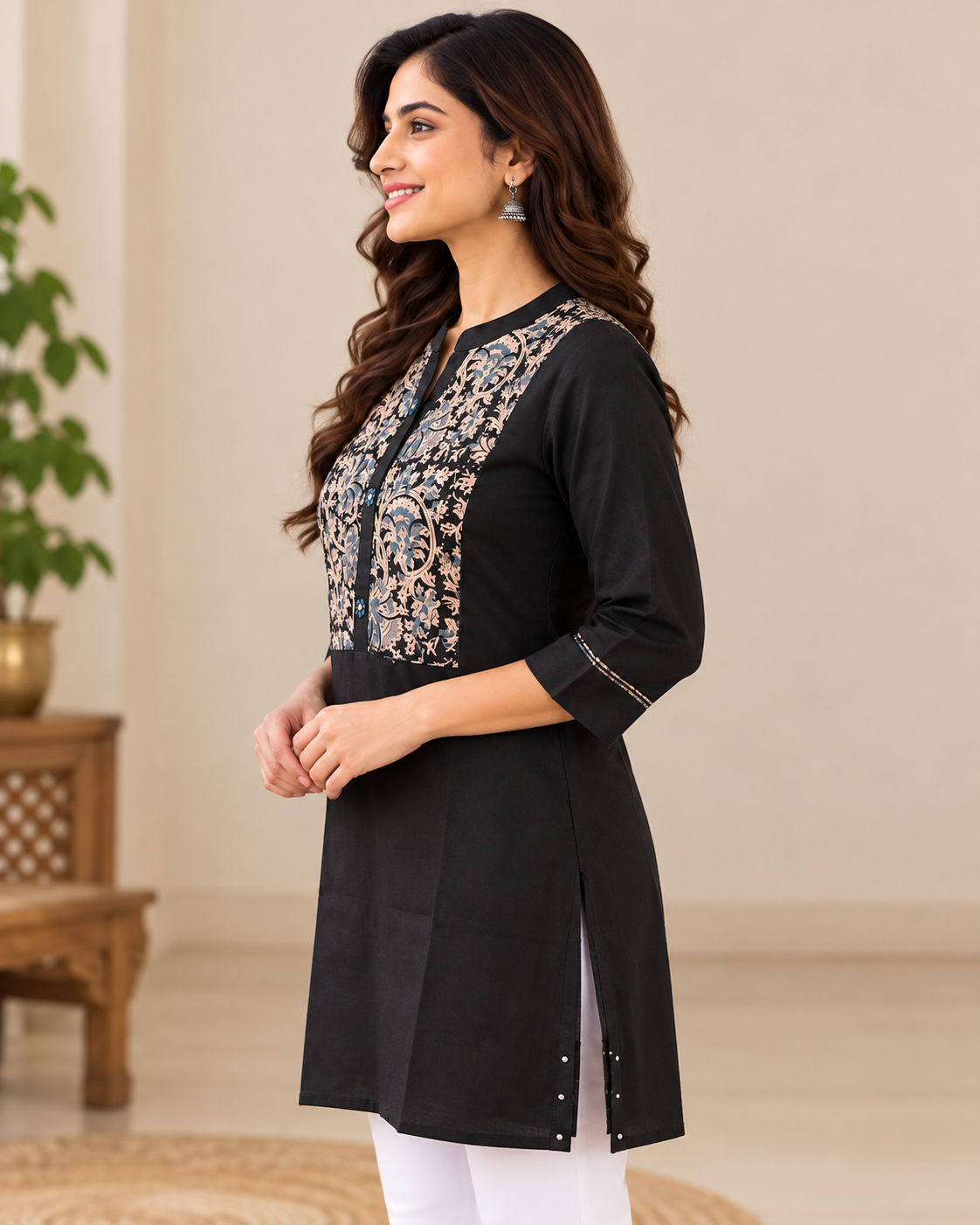 Women's Black Handloom Cotton Kalamkari Hand Block Printed Short Kurti | 3/4 Sleeve Ethnic Top