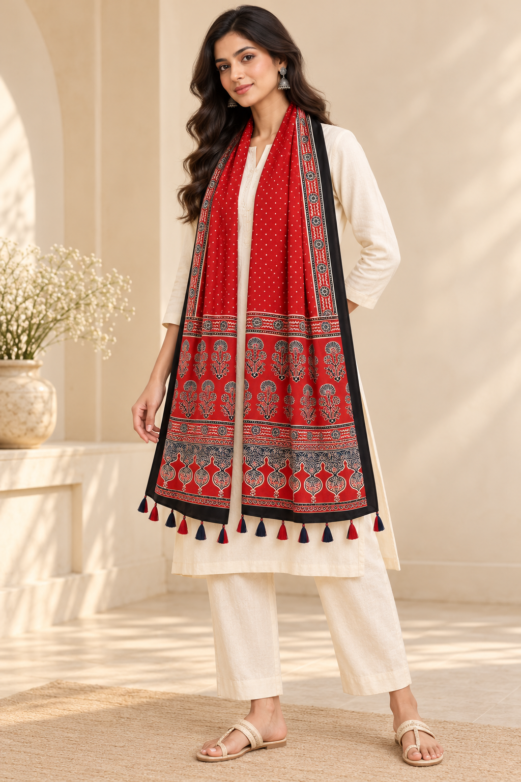 Women's Red Ajrakh Inspired Printed Modal Silk Stole with Traditional Floral Motifs, Black Border & Tassels