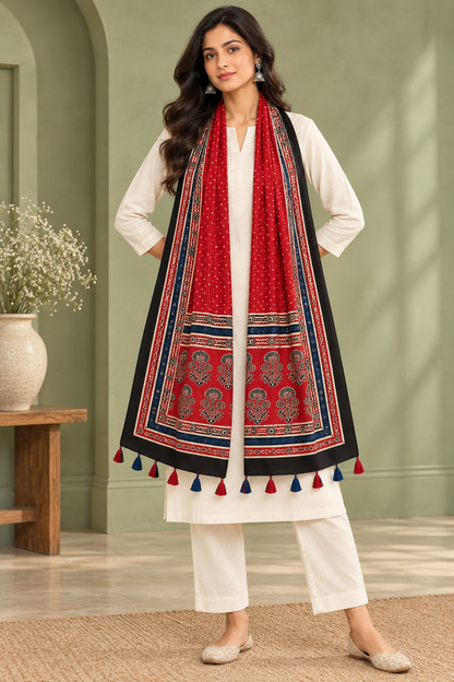 Women's Red Ajrakh Inspired Printed Modal Silk Stole with Traditional Floral Motifs, Black Border & Tassels
