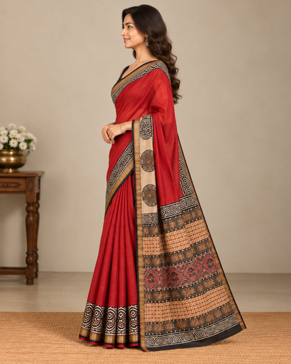 Natural Fab Maheshwari Silk Hand Block Printed Saree with Blouse | 6.30 Metres