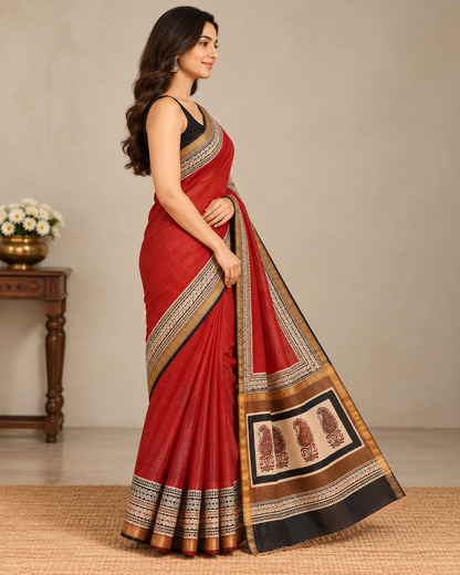 Natural Fab Maheshwari Silk Hand Block Printed Saree with Blouse | 6.30 Metres