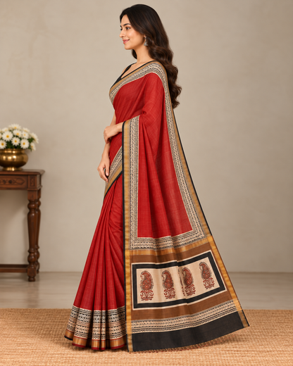 Natural Fab Maheshwari Silk Hand Block Printed Saree with Blouse | 6.30 Metres