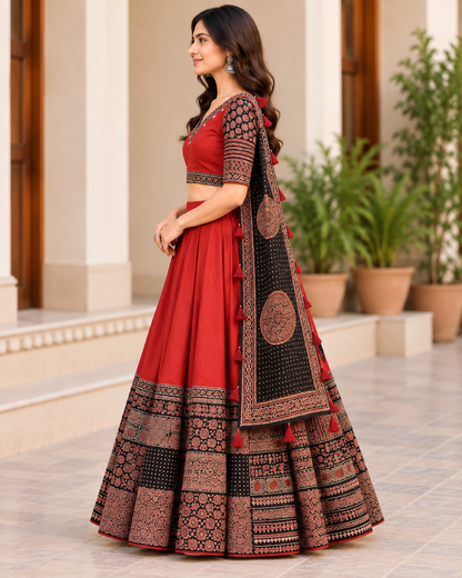 Women's Maroon Printed Cotton Lehenga Choli Set with Black Dupatta & Ethnic Border