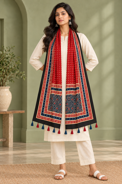 Women's Red & Navy Blue Ajrakh Inspired Printed Modal Silk Stole with Polka Dots, Geometric Border & Tassels