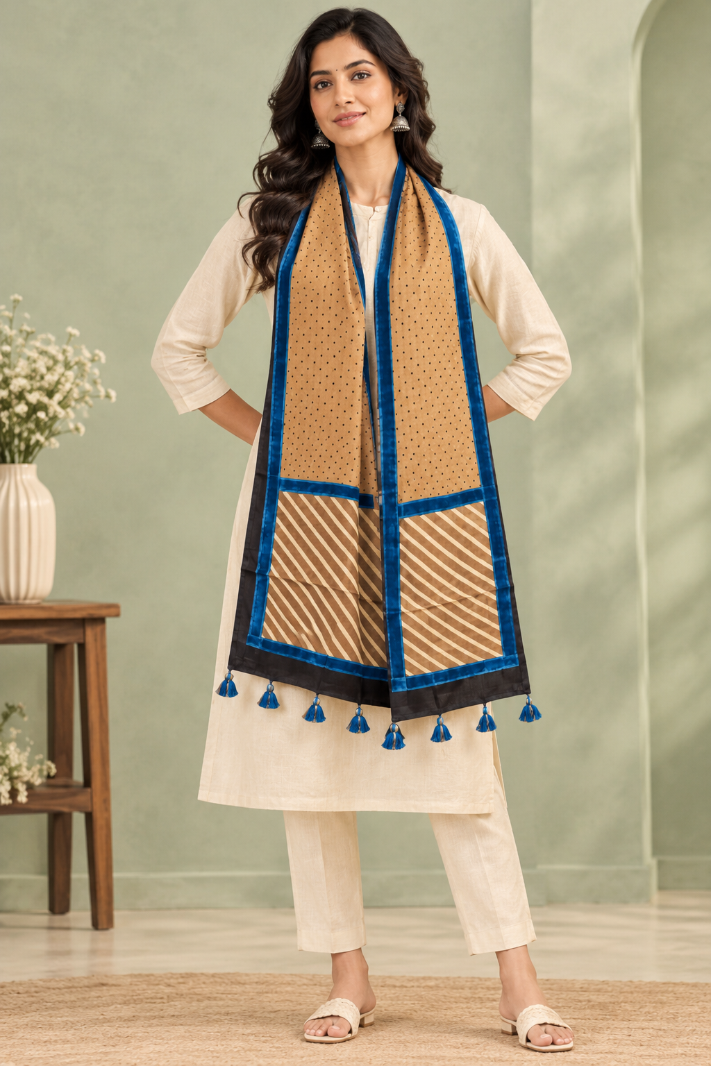 Women's Beige & Blue Printed Modal Silk Stole with Polka Dots, Striped Border & Tassels
