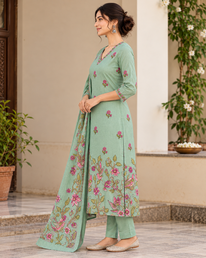 Women’s Sage Green Chanderi Kantha Hand Embroidered Kurti Pant Set with Printed Dupatta