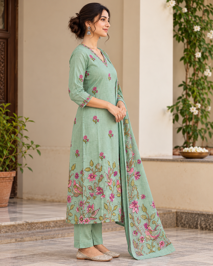 Women’s Sage Green Chanderi Kantha Hand Embroidered Kurti Pant Set with Printed Dupatta