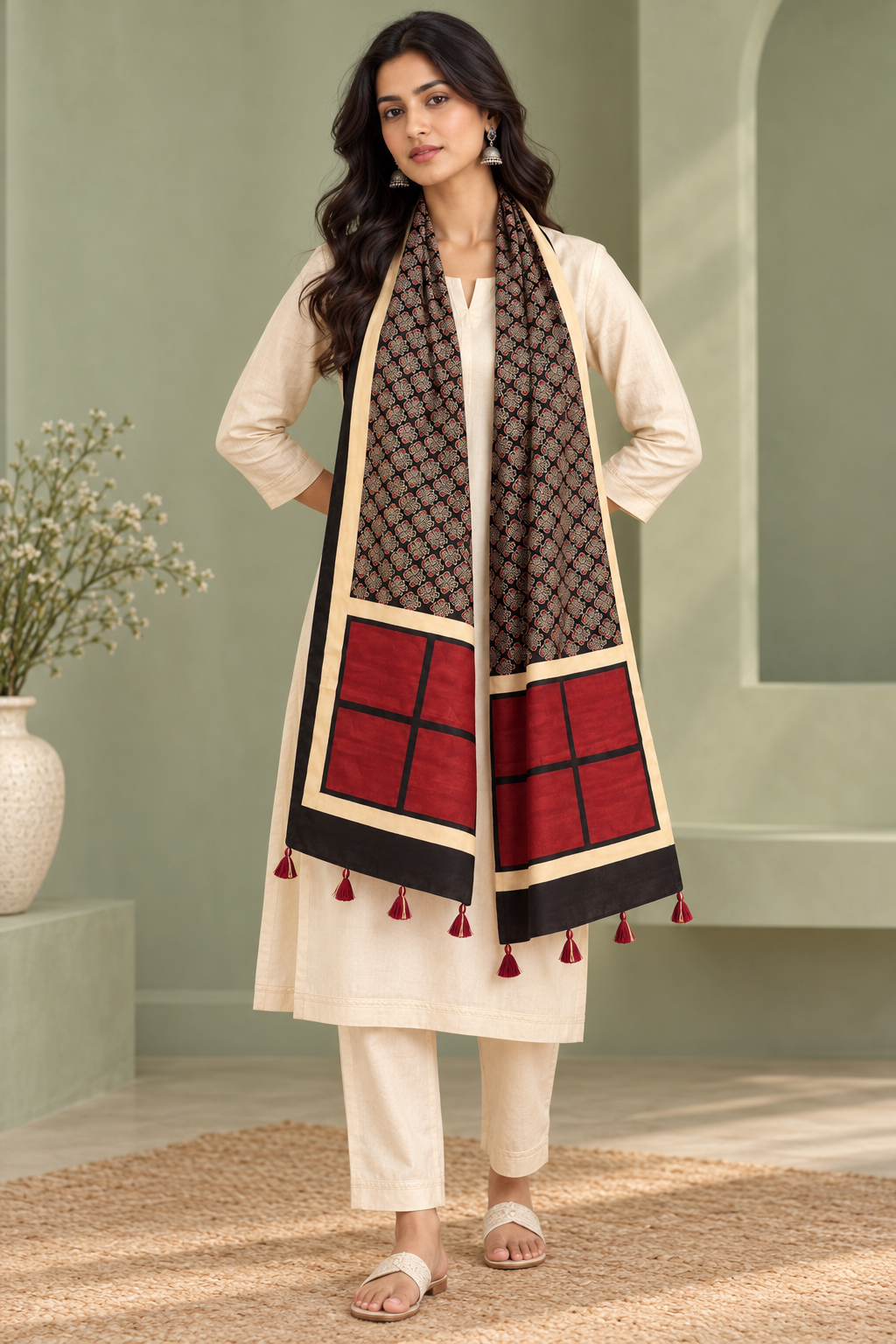 Women's Black & Maroon Ajrakh Inspired Printed Modal Silk Stole with Floral Motifs, Contrast Border & Tassels