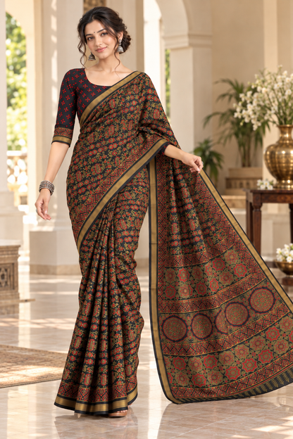 Naturalfab Cotton Silk Maheshwari Saree with Woven Zari Border and Blouse Fabric for Women