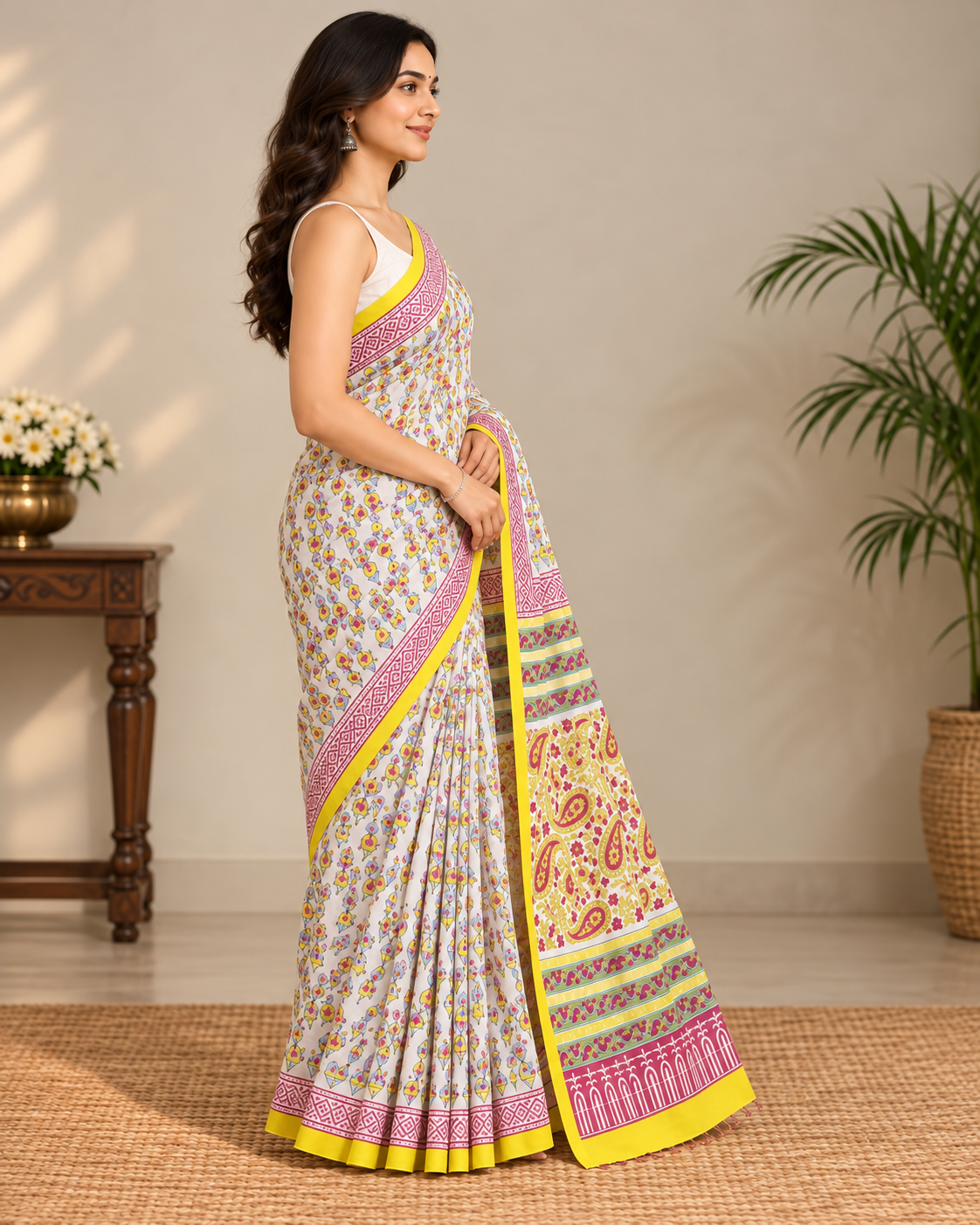 Natural Fab Mal Mal Cotton Hand Block Printed Saree with Blouse | 6.30 m