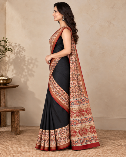 Natural Fab Maheshwari Silk Hand Block Printed Saree with Blouse | 6.30 Metres
