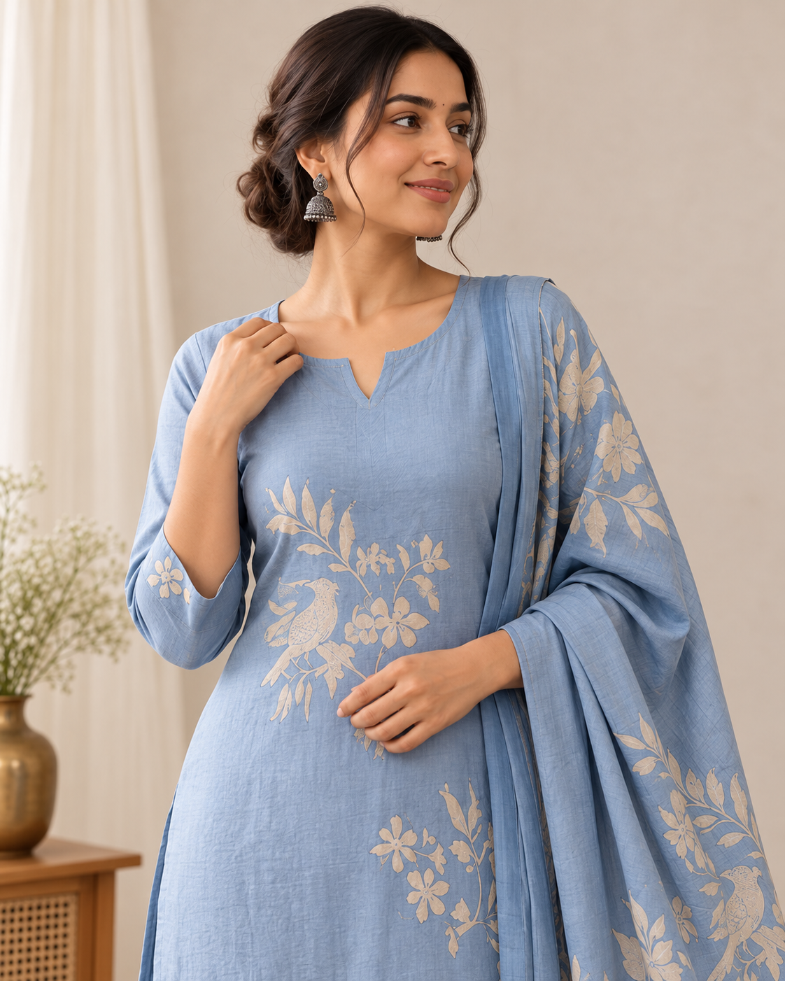 Women’s Powder Blue Mal Kurti Pant Set with Floral Bird Print Dupatta | 3-Piece Ethnic Set